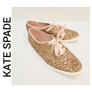 Kate Spade Gold Glitter Sneakers with Pink Ribbon
